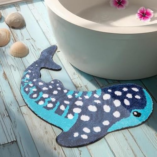 Percozzi Whale Shark Bathroom Rug 35"*28", Handmade Funny Tufted Ocean Animal Bath Mat with Non-Slip TPR Backing Beach Soft Plush Absorbent Blue Whale Shark Bath for Coastal & Marine Lovers