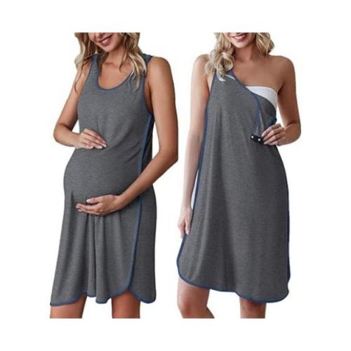Ekouaer Labor and Delivery Gown for Hospital 3 in 1 Nursing Dress Sleeveless Maternity Snap Button Breastfeeding Nightgown Grey M