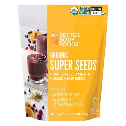 BetterBody Foods Superfood Organic Super Seeds - Blend of Organic Chia Seeds, Milled Flax Seed, Hemp Hearts, Add to Smoothies Shakes & More, 1lb, 16 oz