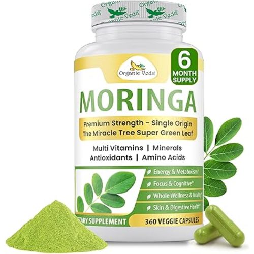 Organic Veda Moringa Capsule 1000mg, 6 Months Supply - True Green Pure Organic Moringa Leaf Superfood - Vitamins & Antioxidants Rich Powder, Energy, Digestion, Brain & Skin Health - 360 Vegan Capsule
