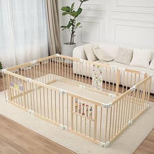 Foldable Wooden Baby Playpen Activity Center,Adjustable Size & Shape Portable Play Yard, Baby Fence Play Area with Gate for Indoor Use for Babies and Toddlers(84x56x24inches)