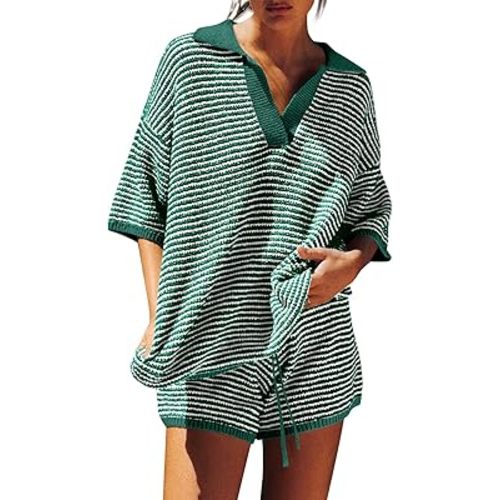 Tankaneo Womens Sweater Set 2 Piece Outfits Oversized 3/4 Sleeve V Neck Knit Tops High Waisted Shorts Lounge Sets