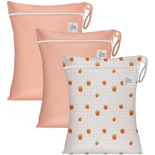 LA PETITE OURSE Wet Dry Bags with Zipper Closure and Hanging Strip, Washable, Reusable, Waterproof, for Swimming Suit, Baby Cloth Diapers, Beach, Pool, Travel, Gym, Daycare, Peachberry - Pack of 3