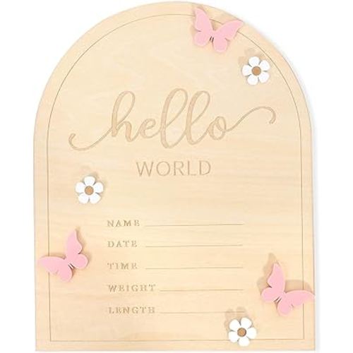 Hello World Newborn Sign - Baby Announcement Sign for Baby Showers, Pink Butterfly Newborn Birth Announcement Board, Daisy Wooden Milestone Card,Welcome.