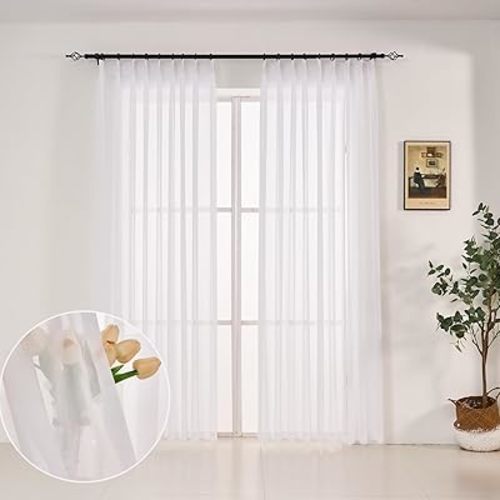 Pure White Sheer Curtains 96-inch Long Pinch Pleated Curtains for Bedroom Living Room Yard 1 Panel Light Filterring Pinch Pleat Chiffon Curtain & Drapes for Sliding Glass Door, W52 x L96