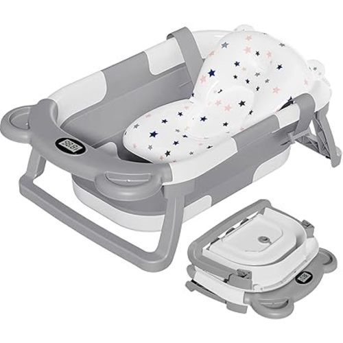 TPN Collapsible Baby Bathtub, Baby Bath Tub with Soft Cushion & Real-Time Thermometer, Baby Bathtub Infant to Toddler Tub (0-36 Months), Portable Newborn Travel Bath tub