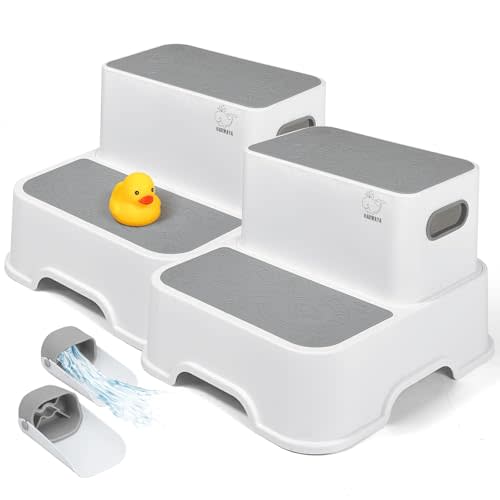 Harwaya Toddler Step Stool for Bathroom Sink, 2-Pack Kids Toilet Potty Step Stools, Heavy Duty Baby Child Stepping Stool with Handle for Toddlers Kitchen Counter Bedroom Nursery Room (White)