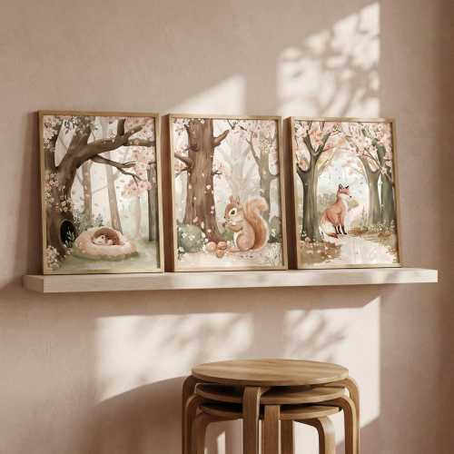 Woodland Animal Nursery Wall Art, Watercolor Forest Prints, Fox Hedgehog Squirrel Art, Blossom Tree Decor, Set of 3, 3 Piece Wall Art