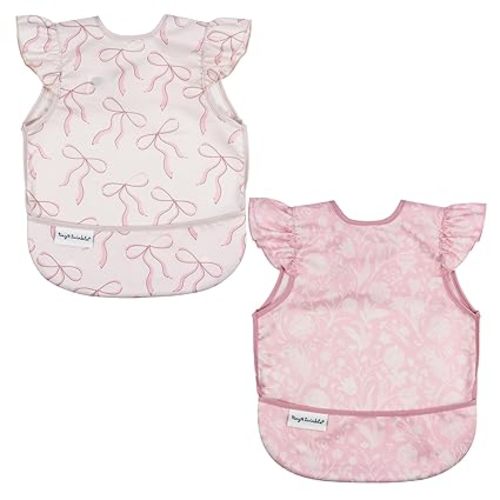 Tiny Twinkle Mess Proof Baby Bibs | 2 Pack Waterproof Toddler Bib for Eating | Baby Apron for Feeding, Machine Washable, Perfect Shower Gift (Bows,Toile, 6–24M)