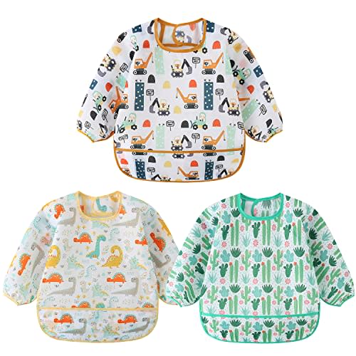 HaimoBurg 3 Pcs Waterproof Long Sleeves Baby Bibs Weaning Smock Bib 3-24 Months