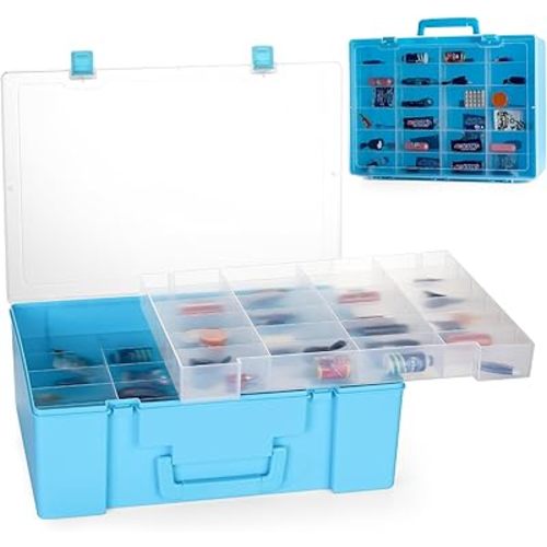 Toy Organizer.72 Compartments.Toy Storage Box Compatible with Hot Wheels Cars, Matchbox Cars,Mini Toys and Small Dolls.Toy Storage Display Case with 3 Layers of Removable Trays(Blue)