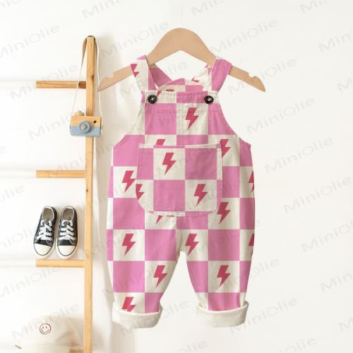 Baby Toddler Pink Checkerboard Lightning Overalls