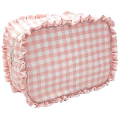 Ruffle Pouch Polka Dot or Gingham Pouches Large Cute Toiletry Bag Lightweight Make up Organizer Cosmetic Bags for Women Travel Daily Use(Pink)