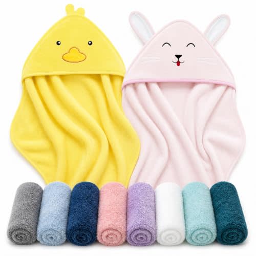 Cute Castle 2 Pack Hooded Baby Towel Rayon Made from Bamboo with 8 Washcloths - Soft Bath Towel for Bathtub for Babie, Newborn, Infant, Natural Baby Stuff Towel (Duck and Rabbit)