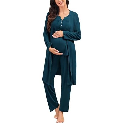 SWOMOG Maternity Nursing Pajamas Sets 3 PCS Women Postpartum Pajama Breastfeeding 3 in 1 Labor Delivery Button Pregnancy Pjs