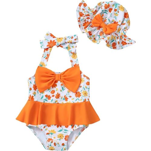 Kucnuzki Baby Girl Swimsuit Newborn One Piece Bathing Suit Bow Tie Bikini Tankini Infant Swimwear with Hat