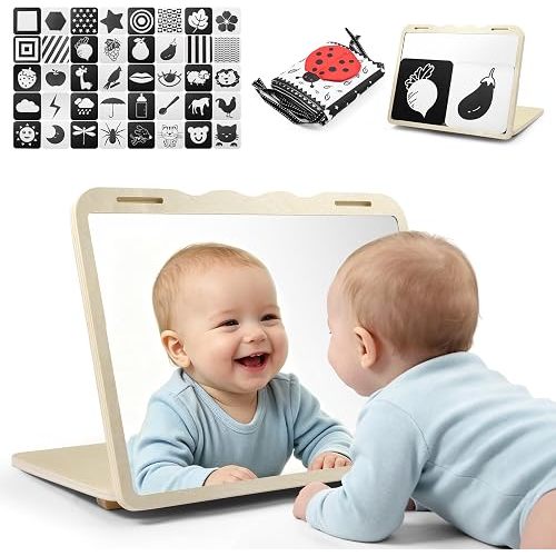 khlerox Tummy Time Toys with Real Mirror, Visual Stimulation Learning Cards and Soft High Contrast Black and White Baby Book for Newborn
