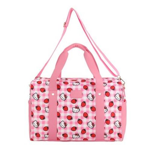Hello Kitty Character & Strawberries All-Over Print Pink Plaid 20" Duffel Bag