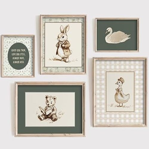 Neutral Woodland Animal Nursery Wall Art Vintage Storybook Baby Boy Room wall Decorate Sage Green Animal Bunny, White Swan,Bear Gallery Picture Poster for Boys' And Girls'Room Playroom Home Decor