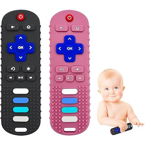 2-Pack Silicone Teething Toys for Baby, TV Remote Chew Toy Teethers for 3-6 Months, Baby Sensory Toys for 6 to 12 Months, TV Remote Control Toys for Boys and Girls (Black+Pink)