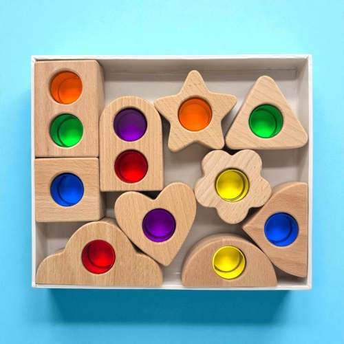 **Pre-order (Ships in 2-3 Weeks)**Wooden Shapes with Removable Crystal Windows – 10 Blocks + 12 Rainbow Acrylic Inserts