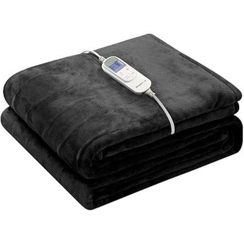 Wapaneus Heated Blanket Electric Blanket 62" x 84" Twin Size with 10 Heating Levels and 12 Hours time Settings, Flannel Fast-Heating Electric Blanket, ETL Listed, Machine Washable, Black