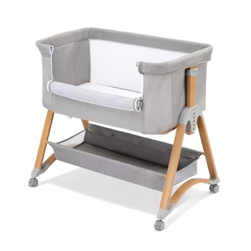 Ktaxon 6 in 1 Baby Bassinet Bedside Bassinet for Baby Crib Rocking Bassinet | Washable Sheets, 4 Sided Breathable Mesh, 6 Height Adjustable, Swivel Wheel with Brake, Elegant Wood Grain Leg (Dark Grey)