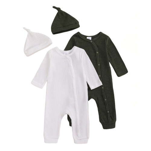 Actgleam Newborn Baby Boys Girls Pajamas with Hat Long Sleeve Button Solid Bodysuit Romper 2-Pack,0-3 Months