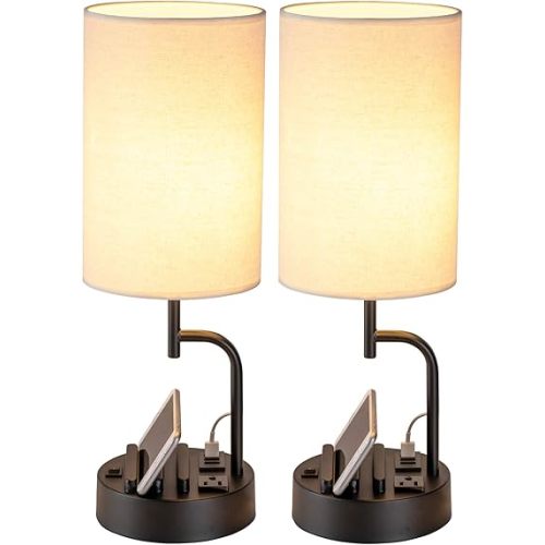 Dreamholder Table Lamp with 3 USB Charging Ports, Modern Desk Lamp with AC Outlet and Phone Stands, Perfect Bedside Lamp for Bedroom, Living Room, Office (Pack of 2), Cream