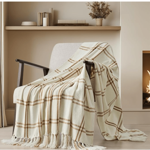 Plaid Chenille Throw Blanket for Couch, Super Soft Cozy Decorative Windowpane Grid Plaid Throw with Tassels, Lightweight Chenille Knit Throw for Bed Sofa Gift, Cream & Beige 50"x60"