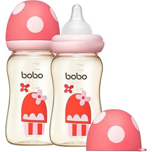 YOHKOH PPSU Baby Bottle Wide Neck, Newborn Anti-Colic Baby Bottle with Natural Response Nipple, Streamlined Body, Easy to Clean (8.8oz (Pack of 2), Red)