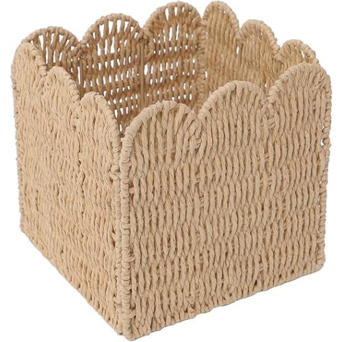GYASVWU Paper Rope Scalloped Basket, Foldable Scalloped Storage Basket for Organizing, Woven Baskets for Storage,Wicker Baskets for Nursery/Living Room/Kitchen Organizing and Decor (Khaki)