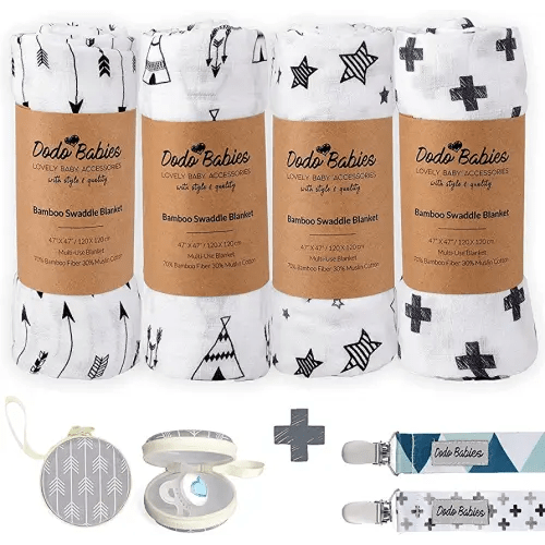 Dodo Babies Swaddle Blanket & Pacifier Clip Set – Four Large Cotton Muslin Receiving Blankets Plus Two Universal Binky Holders and Zip-Close Paci Case – Great for New Girl or Boy