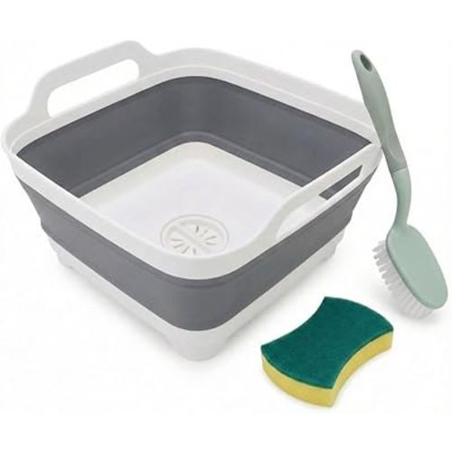 Leak-Proof Collapsible Wash Basin Kit with Brush & Sponge - Heat Resistant Portable Sink - 9L Foldable Dish Tub for Camping Accessories, RV & Kitchen Washing