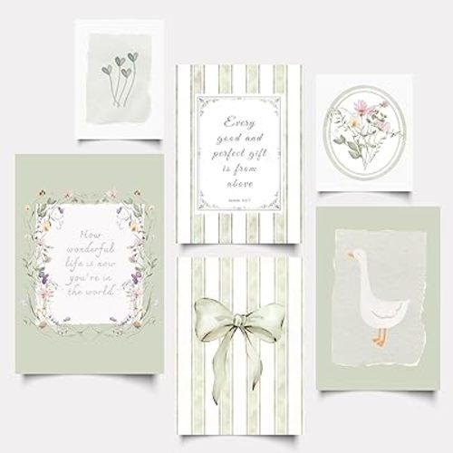 Set of 6 Christian Nursery Wall Art Sage Green Flower Bow Bible Verse Wall Decor Cute Goose Print Vintage Baby Girl Kids Canvas Posters for Children's Room Bedroom Home Decoration 8x10 in Unframed
