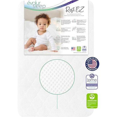 Evolur Rest EZ 2-in-1 Mini Crib Mattress – Dual-Sided Comfort, Water-Resistant White Cover, GREENGUARD Gold & JPMA Certified, Crafted from Recycled Sustainable Materials, Proudly Made in USA