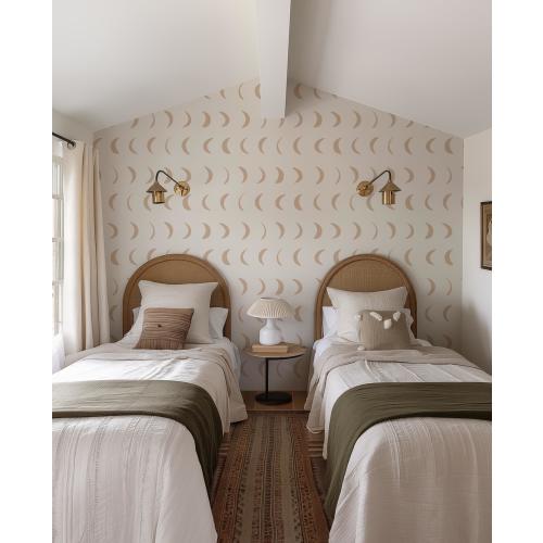 Moon Beige Peel and Stick Removable Wallpaper, White and Beige Half Moon Kids Room Wallpaper, Custom Dimension Wall Mural