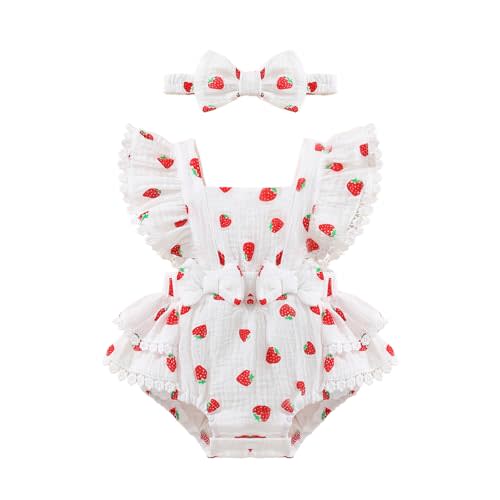 Baby Girl Summer Clothes Infant Girls Romper Dress | Ruffle Sleeve, Cotton Linen, Lace Trim, Jumpsuit, Bow Design, Snap Closure, Crisscross Back, Matching Headband