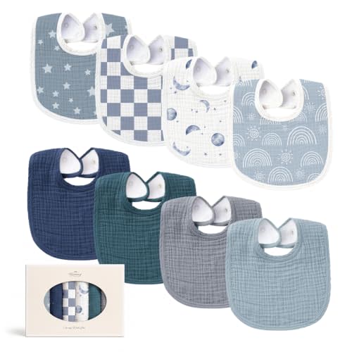 Konssy 8-Pack Muslin Baby Bibs, Adjustable Fit for Drooling and Teething | Soft Absorbent, Drool Bibs for Baby Boys Girls, Cotton Front with Fleece Backing, Newborn to Toddler 0-36M