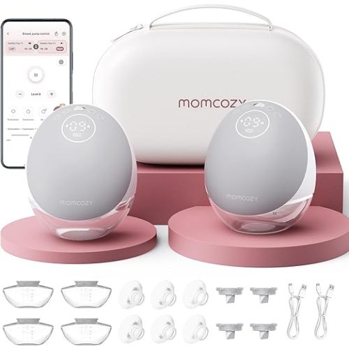 Momcozy Breast Pump Hands Free Upgraded Mobile Flow | M9, App Discreet Control with Personalized Multi-Modes & 15 Levels, Wearable Breast Pump 24mm, 2 Pack Gray