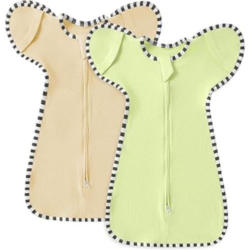 Soft Cotton Swaddle Blanket, Arms Up Baby Sleep Transitional Swaddle Sack Wearable Sleeping Bag for Boy Girl (Light Khaki + Light Green, M(3-6 Months))