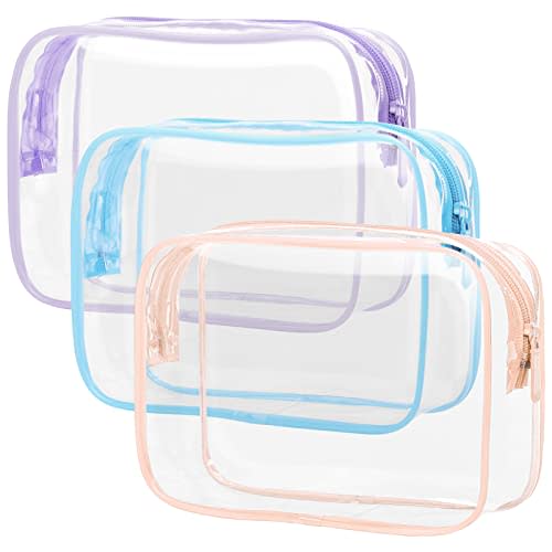 PACKISM TSA Approved Toiletry Bag - Clear Makeup Bag, Blue Purple Pink | 3 Pack Quart-Size, Metal Smooth Zipper, Clear Easy-Check, for 3-1-1 Liquids, Toiletry Bag for Airport Lines, Travel, Women
