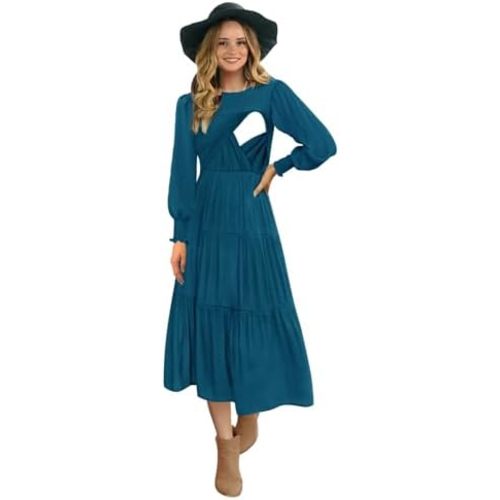 Womens Flutter Long Sleeve Smocked Tiered Nursing Dress for Breastfeeding