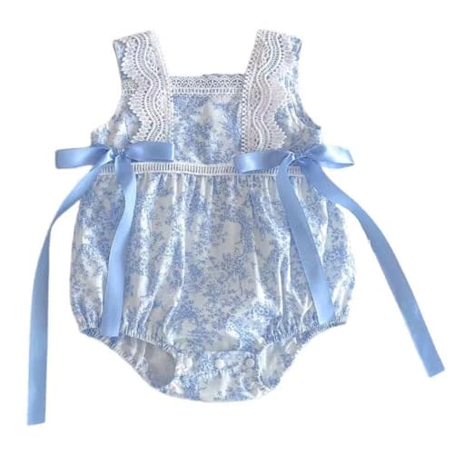 Newborn Baby Girl Blue Floral Lace Romper Vintage Sleeveless Bodysuit Infant Summer Homcoming Baptism Outfit