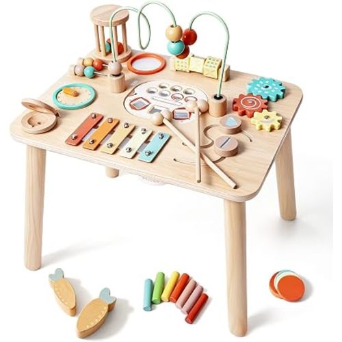 Montessori Toys for 1 Year Old, Wooden Activity Table for Toddlers 1-3, 13-in-1 Sensory Play Table with Bead Maze, Fishing Game, Shape Sorter & Xylophone, Learning Toy, First Birthday Gift