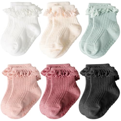 AQOKKA Baby Girl Toddlers Socks with Non-slip Grip Cute Frilly Ruffle Ankle Soft Cotton Newborn Baby Socks for Infant Kids