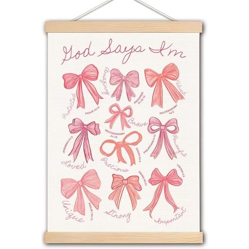 Coquette Preppy Room Decor, God Says I am Pink Bow Christian Wall Art Poster, Girly Pink Bible Verse Scripture Wall Decor Prints Framed for Girls Room Dorm Apartment Decor, 12x16 Inches