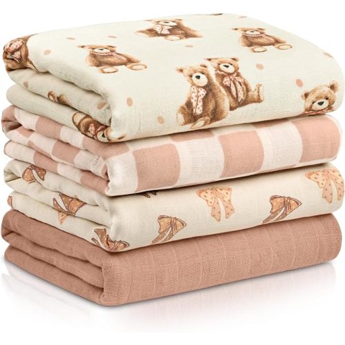 4-Pack Muslin Swaddle Blankets for Newborns | 100% Cotton Breathable Soft Muslin, Large 31.5"x43.3" | Multi-Use Stroller Sunshade Nursing Cover & Receiving Blanket, Bear Checkered
