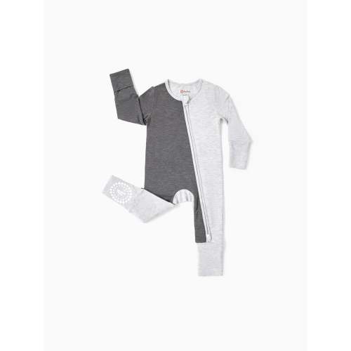 Bamboo Baby Boy / Girl Color Block 2-Way Zip onesies Anti Slip Long Sleeve Rompers Grey