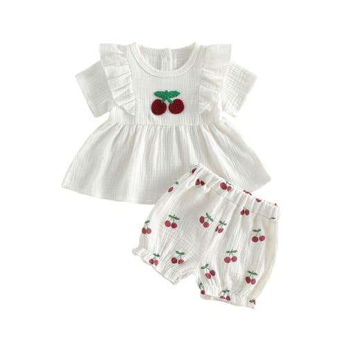 Muasaaluxi Toddler Baby Girl Summer Outfit Ruffle Short Sleeve Cherry T-shirt Top Dress Cotton Linen Shorts Clothes Set 3M-4T